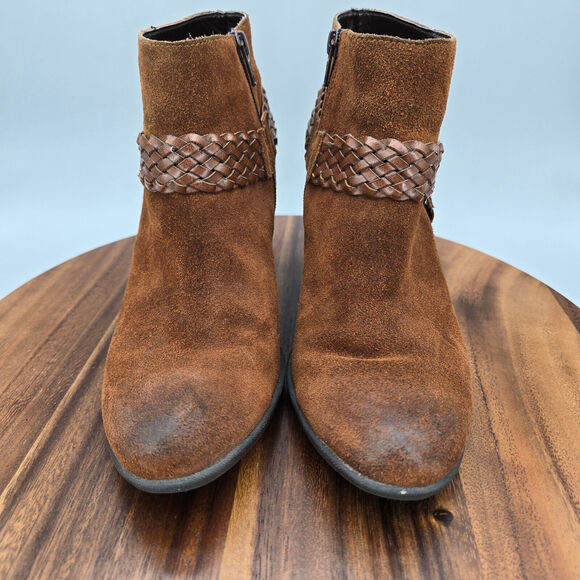 Boc Born Boots Women's 8.5 M Brown Suede Leather Harness Braided Heeled Booties - Picture 2 of 9